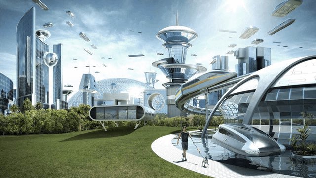 A vision of a futuristic utopia featuring sleek skyscrapers, hovering pods, a futuristic train, and a figure walking alongside a sleek silver car with a robot companion—imagining a thriving life if everyone invested in $STONK, $PONS, $MEME, and $ZCAT.