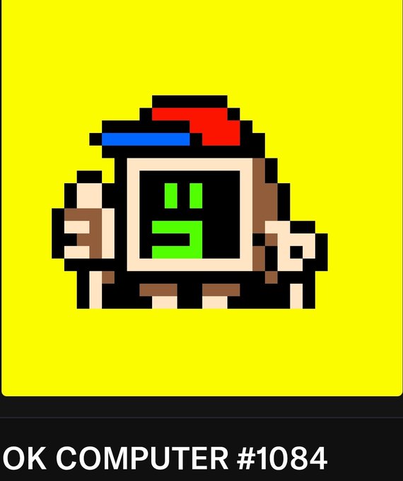 A pixel art illustration of a computer character with a face on its screen, set against a yellow background, with the text 'OK COMPUTER #1084' at the bottom.