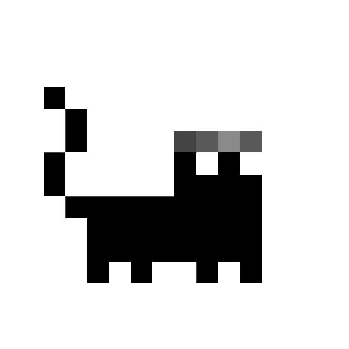 A minimalist pixel art depiction of a black cat with a gray and white striped tail against a white background.