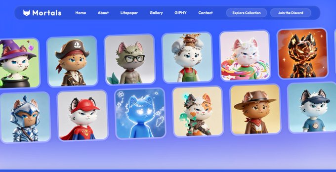The image shows the Mortals website featuring a grid of 12 unique NFT character cards, including cats, wolves, and fantasy figures with various outfits and accessories, under navigation tabs like "Home," "About," "Litepaper," and "Join the Discord." This aligns with the post's message about building @MortalsHQ, showcasing the collection as visual evidence of the project's progress and execution toward their vision.