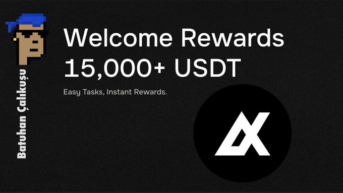 The image promotes a "Welcome Rewards 15,000+ USDT" giveaway with "Easy Tasks, Instant Rewards," featuring the AlphaX logo and a pixel-art character branded with "Batuhan Çalıkusu." It supports the post by visually highlighting the $15,900 trading voucher prize pool from the partnership with AlphaX DEX, emphasizing the platform's zero-fee, no-KYC trading offering.