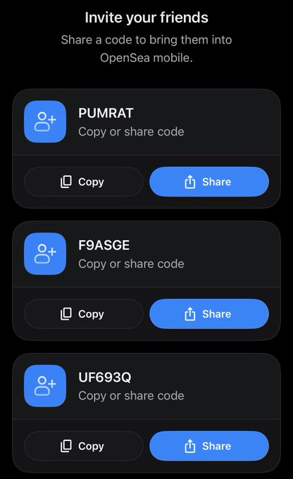 OpenSea mobile app screen showing 'Invite your friends' page with three invite codes (PUMRAT, F9ASGE, UF693Q) each with Copy and Share buttons.