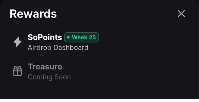A modal titled "Rewards" shows the "SoPoints Airdrop Dashboard" labeled "Week 25" alongside a grayed-out "Treasure" option marked "Coming Soon," visually illustrating the SoDEX airdrop point system the post is speculating about.