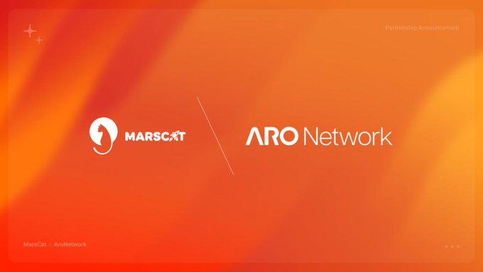 Partnership announcement banner with an orange background displaying the MarsCat and ARO Network logos side by side.