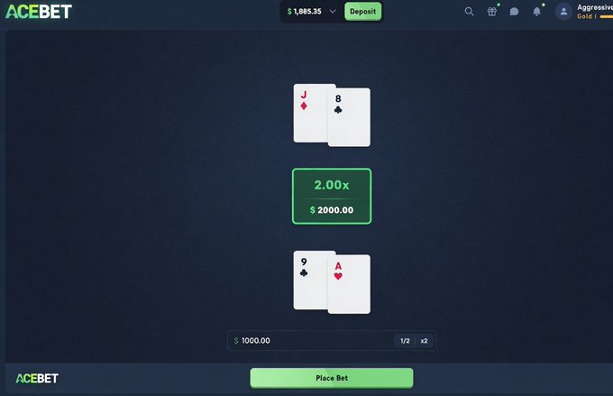 A screenshot from ACEBET shows a blackjack hand where the player is dealt J♦ and 8♠, with the dealer showing 9♣ and A♥, offering a 2.00× payout of $2,000 on a $1,000 bet. The post celebrates this perfect "2 bands" (pair) hand and promotes the ACEBET platform with the referral code "Thedefiape."