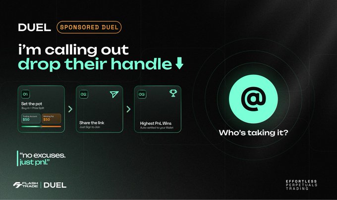 A promotional graphic for a 'SPONSORED DUEL' on FlashTrade, instructing 'i'm calling out drop their handle' with three steps: Set the pot, Share the link, and Highest PnL Wins.