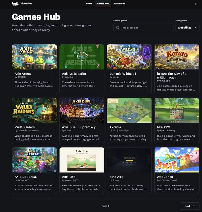The Axie Vibethon 'Games Hub' webpage displays a collection of 12 game cards including titles like Axie Arena, Axie vs Beasties, Lunacia Wildseed, Kotaro the Way of a Million Ways, and Axie Duel: Supremacy.