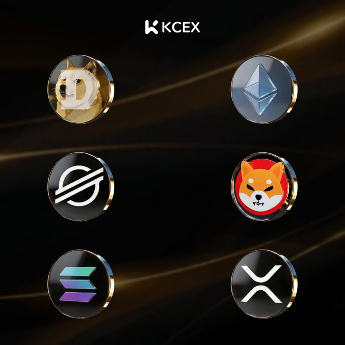 The image features a "KCEX" logo at the top above six cryptocurrency token icons (DOGE, ETH, Stellar, SHIB, SOL, and XRP) displayed on a sleek dark background with golden accents. This visual supports the "#KCEX Connection Challenge" by presenting the six cryptocurrencies that participants need to pair up based on hidden secret links between them.