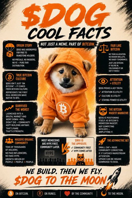 A promotional infographic titled "$DOG COOL FACTS" featuring a Shiba Inu puppy in an orange Bitcoin hoodie, highlighting points about its fair launch, Bitcoin culture, surviving bearish markets, and its tagline "WE BUILD, THEN WE FLY. $DOG TO THE MOON."