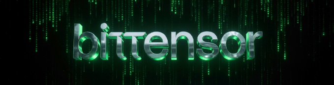 The image displays the "bitensor" logo in glowing green text against a dark background with cascading digital code, evoking a Matrix-style aesthetic. It directly relates to the post by highlighting Bittensor ($TAO), one of the six AI assets listed as having strong long-term potential due to its decentralized AI network approach.