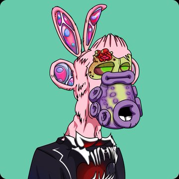 A digital illustration of a grotesque humanoid character wearing a pink rabbit-eared gas mask with colorful polka dots, dressed in a suit with a bloody heart on the chest.