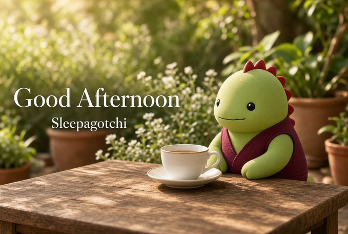 A cute green dinosaur plush toy named 'Sleepagotchi' sits at a wooden table with a cup of coffee, with the text 'Good Afternoon Sleepagotchi' displayed on the left against a garden backdrop.