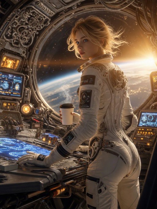 The image features a woman dressed in a white spacesuit standing inside a spaceship cockpit with her back facing the camera, holding a coffee cup. The background shows a view of Earth through a circular window or dome-like structure. The caption above the image reads "Focus on what is in the image and how it relates to the post."