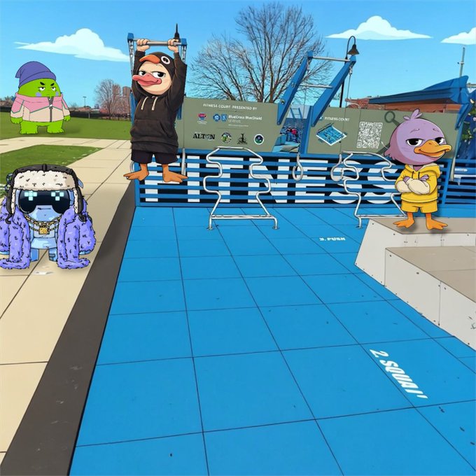 A person doing pull-ups on blue monkey bars at an outdoor fitness court, decorated with cartoon character stickers including a green creature in a beanie, a person in a penguin hoodie, a hip-hop style figure, and a purple duck.