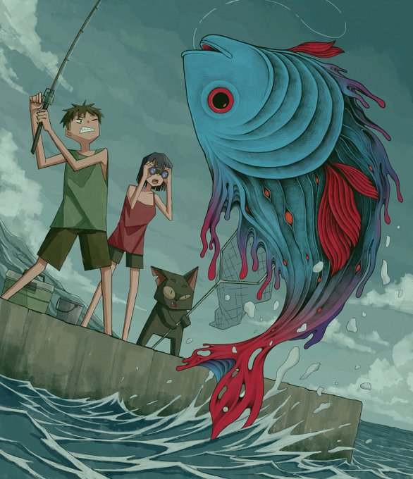An animated-style illustration depicts a boy and girl fishing from a boat alongside a black cat, reacting in shock as they reel in a massive, fantastical blue and red fish leaping from the ocean waves.