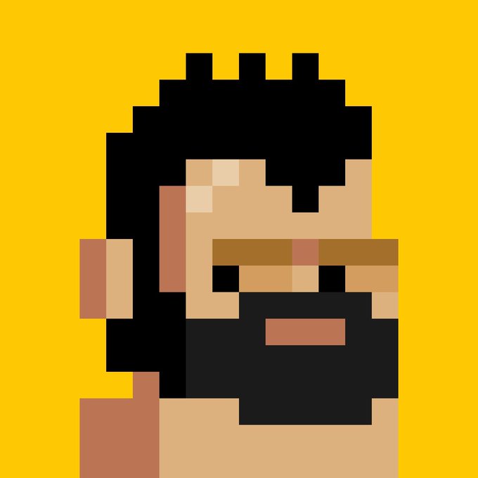 A pixelated portrait of a bearded man with dark hair against a yellow background, representing the unique 1-of-1 NFT collectible from @zec_bit gifted by @z1vex.