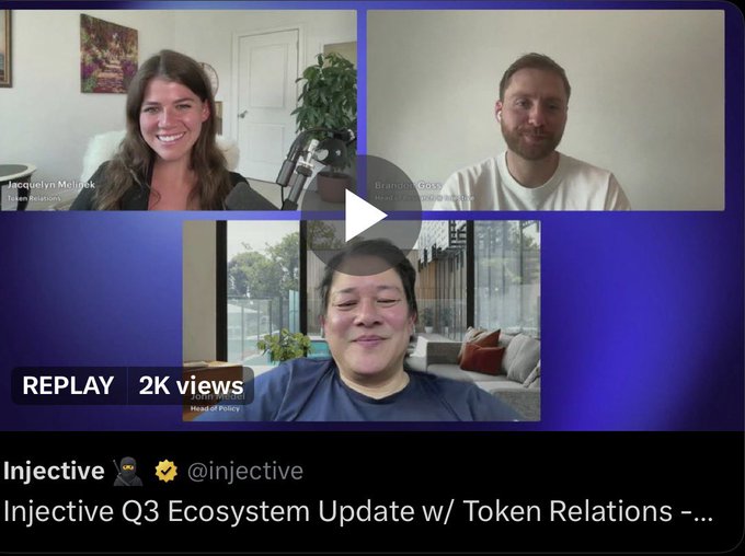 A Twitter/X post from Injective (@injective) showing a replay of a video call titled 'Injective Q3 Ecosystem Update w/ Token Relations' featuring three participants: Jacquelyn Melinek (Token Relations), Brandon Goss (Head of Ecosystem), and John Yi (Head of Policy).