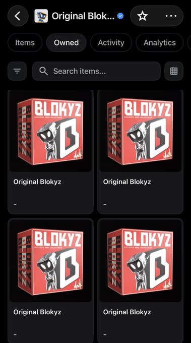 Mobile app interface showing a collection titled 'Original Blok...' with four identical 'Original Blokyz' NFT items displayed in a grid layout.