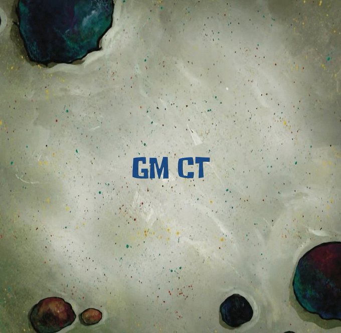 An abstract painting-style background with stone-like shapes at the corners features the blue text 'GM CT' in the center.
