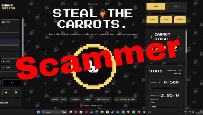 The image shows a screenshot of a computer screen displaying a website called BunnyButton.xyz Rug Pull The team behind Bunny button raised funds around 13+ ETH which is $13,079,856 in Solana. However, this funds were drained from accounts like Classic rug pull and X account by the scammers. This scam appears to be targeting users of the Discord app on a computer screen.