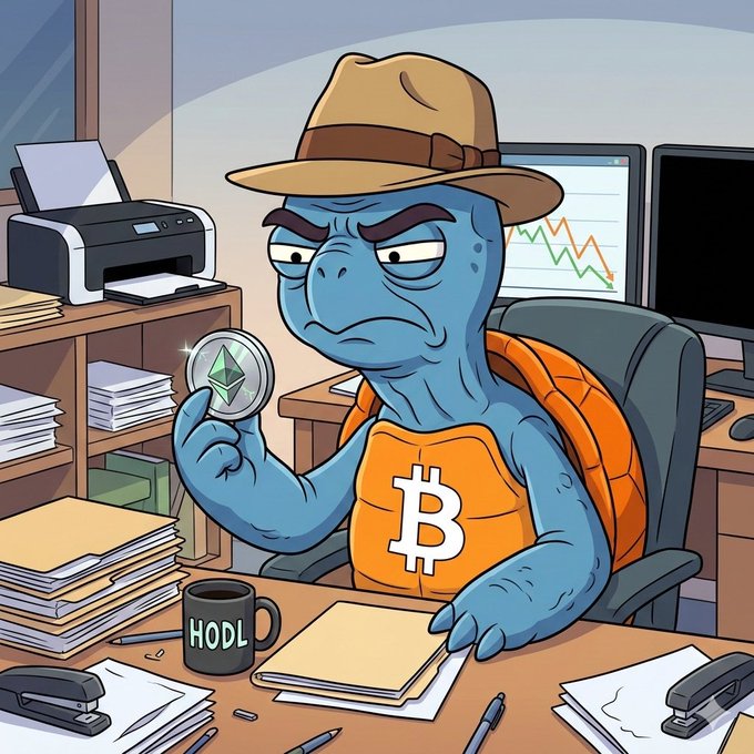 A cartoon illustration of a blue turtle wearing a Bitcoin shirt and fedora, holding an Ethereum coin at a desk cluttered with paperwork.