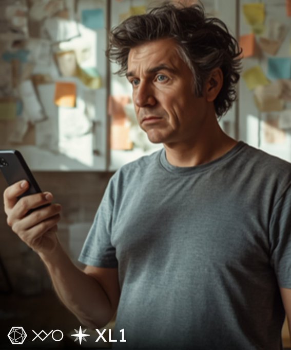 A man with a puzzled expression stares at his phone, seemingly trying to recall something from three weeks ago, while behind him a bulletin board displays various colorful notes and reminders. The text at the bottom reads "XO XL1" and reinforces the joke about his AI agent's superior memory.
