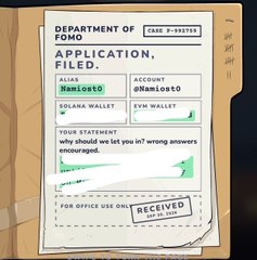 A "Department of Fomo" application form filled out with the alias "NamiosO," account "@NamiosO," and EVN wallet address, featuring the statement "why should we let you in? wrong answers encouraged."