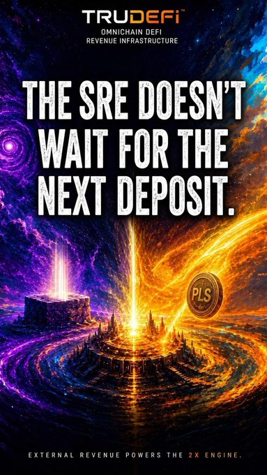 A promotional graphic for TRUDEFI ('OMNICHAIN DEFI REVENUE INFRASTRUCTURE') featuring a cosmic battle scene with the text 'THE SRE DOESN'T WAIT FOR THE NEXT DEPOSIT' and a PLS coin, captioned 'EXTERNAL REVENUE POWERS THE 2X ENGINE.'