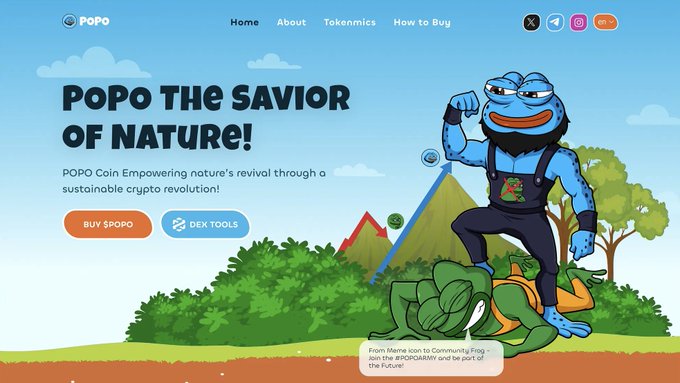 A website homepage for 'POPO' features a blue frog mascot in overalls above a pile of defeated vines, with the text 'POPO THE SAVIOR OF NATURE!' and a 'BUY $POPO' button.