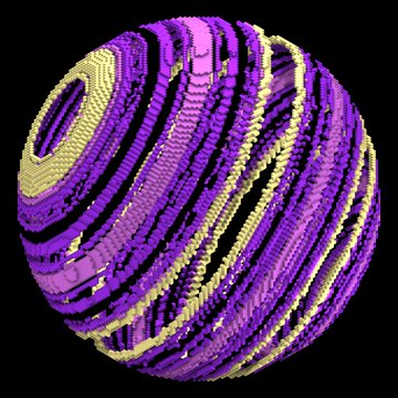 The image features a 3D rendering of a purple ball with yellow stripes, which appears to be made out of small cubes or blocks. The ball has a spiral pattern around its edges, giving it an interesting and unique appearance. The background of the image is black, making the colors of the ball stand out even more. The caption below the image provides information about the creator of this digital artwork, @CHICKENFOOT414, who has generated the sphere in cube format using a specific software called "SC-7", "SC-21", and "SC-5".