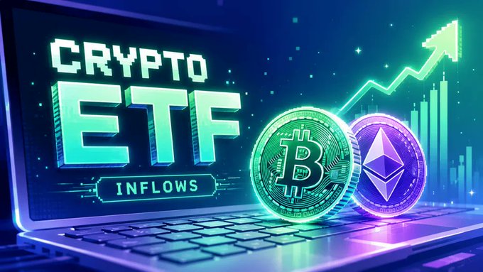 A digital graphic promoting 'CRYPTO ETF INFLOWS' featuring Bitcoin and Ethereum coins alongside an upward-pointing green arrow chart on a laptop.