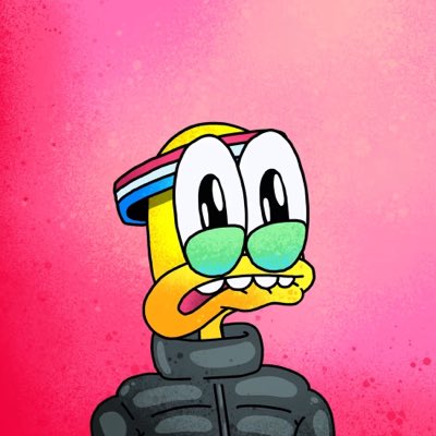 A cartoon yellow character with large green eyes and a rainbow-striped hat against a pink background.