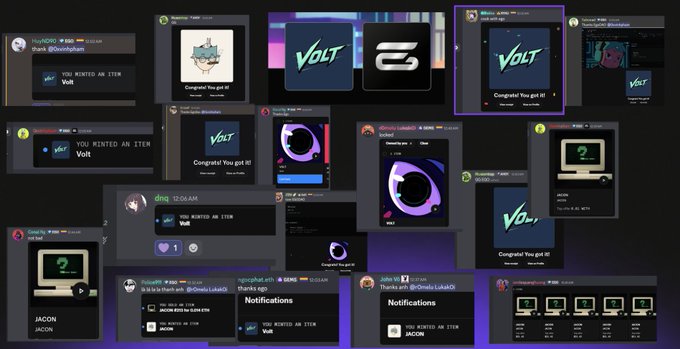 A collage of various social media notifications and images, primarily featuring the word 'VOLT' and messages like 'Congrats! You got it!' and 'YOU MINTED AN ITEM Volt'.