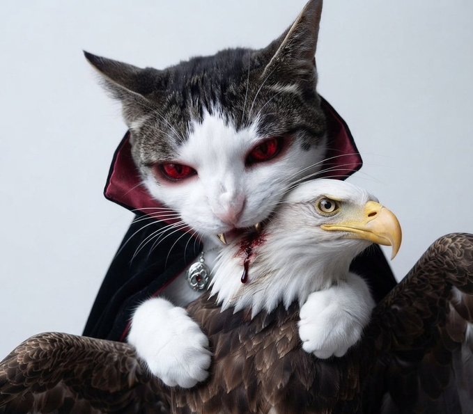 A fantasy-style image of a cat with red eyes and fangs wearing a dark cloak, biting into the neck of a bald eagle.