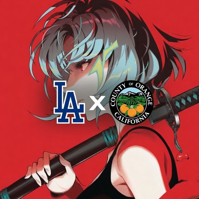 An anime-style illustration of a character with blue hair holding a katana, featuring the Los Angeles Dodgers "LA" logo and "County of Orange California" seal against a red background, suggesting a collaboration between the Dodgers and Orange County as highlighted in the Azuki TCG chat group.