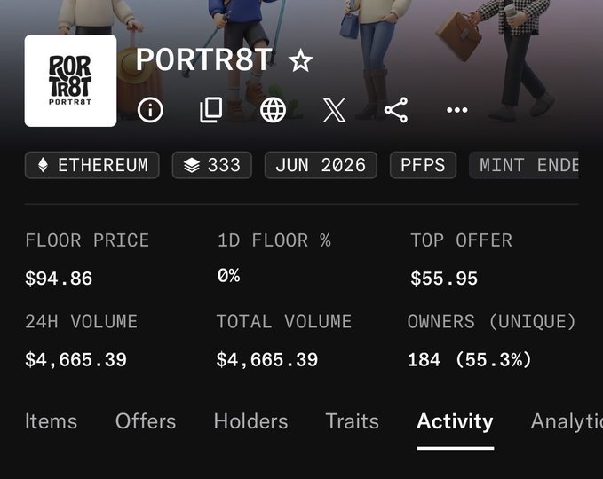 The image shows a portfolio stats page for the "PORTR8T" NFT collection on Ethereum, displaying a floor price of $94.86, 333 items, with 184 unique owners (55.3%), supporting the caption's claim of a free mint reaching over $100 in value. The 0% 1D floor change and $55.95 top offer reflect a market gap that the poster sees as an underrated opportunity for early position-takers.