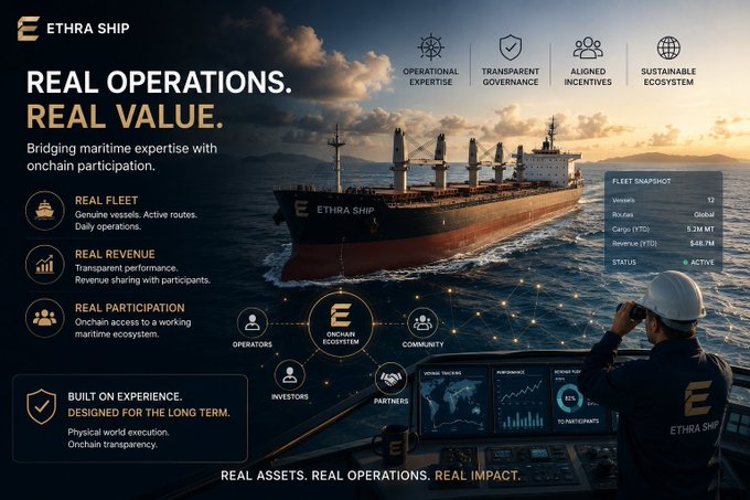 The image shows an Ethra Ship promotional graphic featuring a large cargo ship at sea with the headline "REAL OPERATIONS. REAL VALUE." It highlights key features including a fleet snapshot (12 vessels, 5.2M MT cargo, $48.7M revenue), onchain ecosystem connections (operators, investors, community, partners), and pillars like operational expertise and transparent governance, reinforcing the post's message that Ethra Ship builds participation around actual shipping operations rather than just infrastructure ownership.