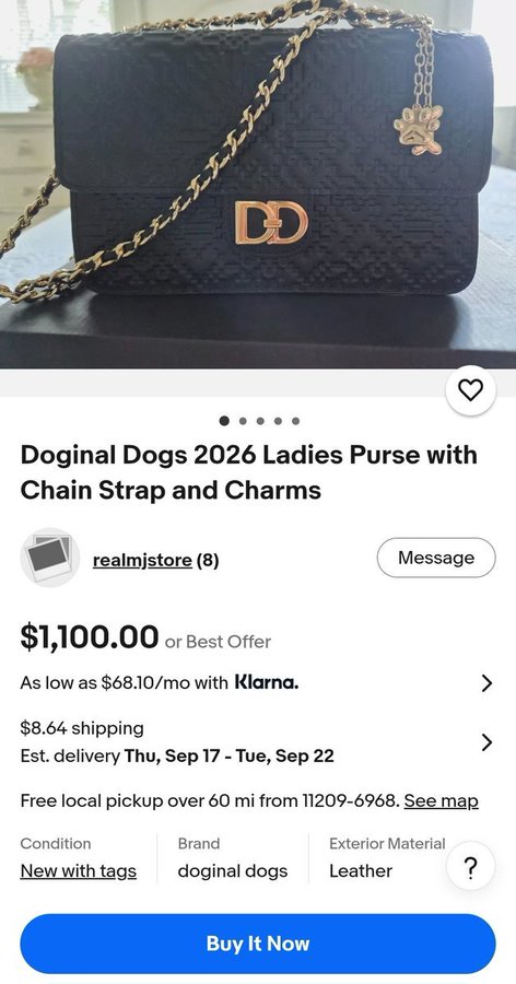 A screenshot of an online marketplace listing displays a black quilted "Doginal Dogs 2026 Ladies Purse with Chain Strap and Charms" priced at "$1,100.00 or Best Offer", with free local pickup available from the seller "realmjstore".