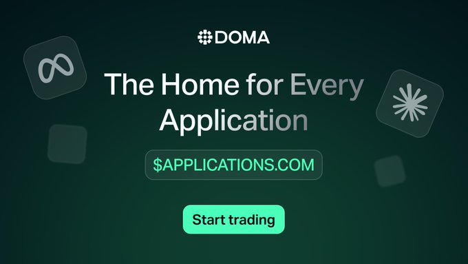 The image is a promotional graphic for Doma, displaying the tagline "The Home for Every Application" alongside the domain "$APPLICATIONS.COM" and a "Start trading" button, set against a dark green background with decorative icons. It ties to the post's RWA (Real World Asset) theme by showcasing Doma's role in tokenizing domains on Solana, positioning domain names as the next major asset class.