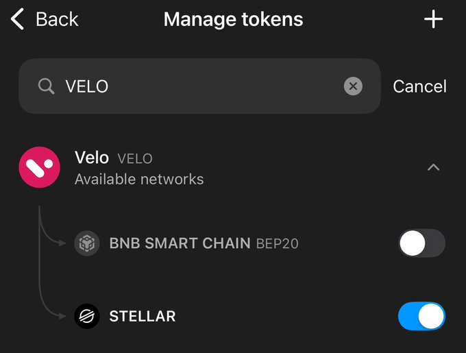 Cryptocurrency wallet interface showing token management for 'VELO' with toggles for BNB Smart Chain (BEP20) and Stellar network availability.