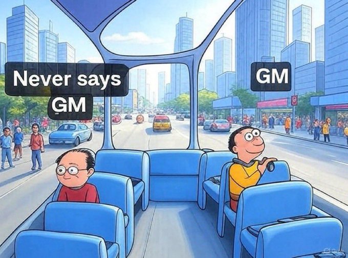 A cartoon illustration shows two children on a bus with text boxes reading 'Never says GM' over one and 'GM' over the other.