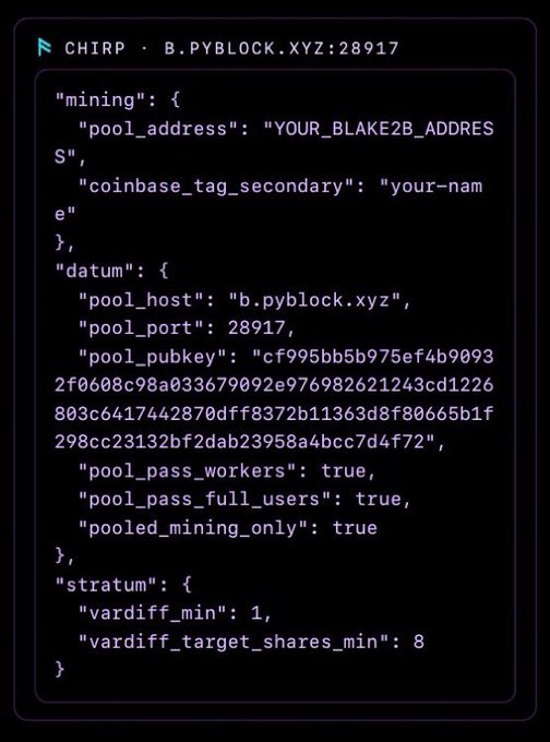 A dark terminal-style graphic shows “CHIRP · B.PYBLOCK.XYZ:28917” with mining configuration fields for a pool address, Kadom, and Stratum.