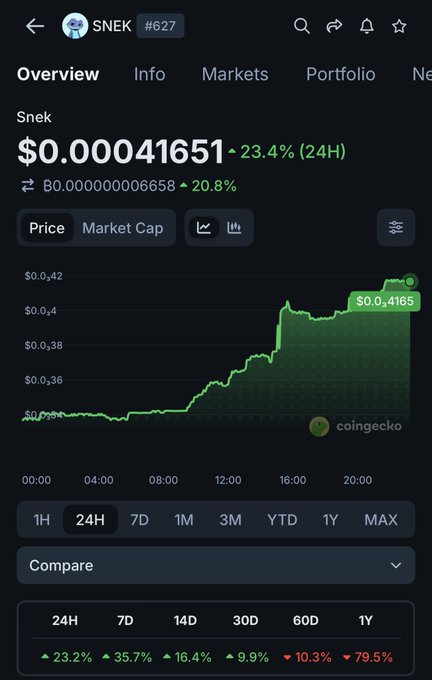CoinGecko price chart for SNEK (#627) showing a price of $0.00041651, up 23.4% in 24H, with a 24-hour line graph trending upward.