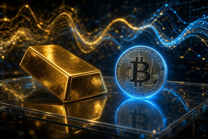 A 3D rendering of a gold bar and a glowing blue Bitcoin coin resting on a reflective surface with abstract golden and blue light waves in the background.