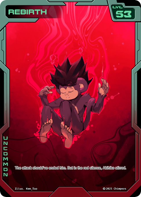 A digital trading card titled "REBIRTH" (Level 53, Common) shows an illustrated monkey figure floating peacefully with eyes closed against a swirling red aura, with flavor text reading "The attack should've ended him. But in the red silence, Athiko stirred." Created by Kem Tao for Chimpers in 2025, the card's meditative imagery of emerging from crimson stillness visually echoes the post's theme of finding rebirth and renewed focus in life's most challenging moments.