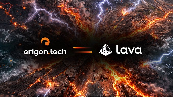 A dramatic image featuring an erupting volcano with lightning, displaying logos for 'erigon.tech' and 'Lava' separated by an equals sign.