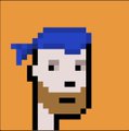 A pixel art character with blue hair and a red bandana against an orange background.