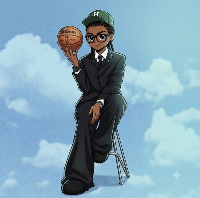 An anime-style illustration of a character in a dark suit and green cap spinning a Wilson basketball while seated on a stool against a cloudy blue sky background.