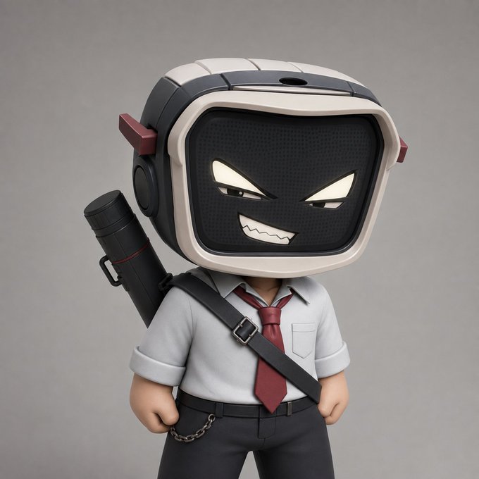 A 3D-rendered chibi-style character with a vintage TV/monitor for a head displaying a mischievous face, dressed in a white shirt, red tie, and dark pants, carrying a black rocket launcher on its back.