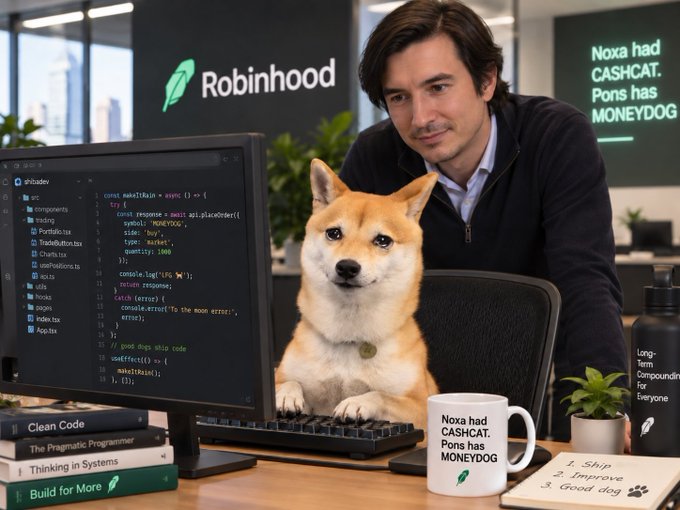 An office scene featuring a Shiba Inu dog wearing a collar sitting at a desk in front of a computer with code on the screen, while a man stands behind it in front of a green 'Robinhood' logo wall; a mug and notebook read 'Noxa had CASHCAT. Pons has MONEYDOG'.